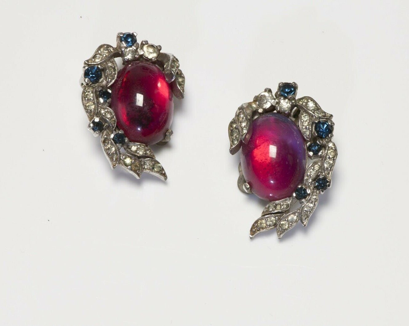 JOMAZ Blue Crystal Pink Cabochon Glass Brooch Earrings Set