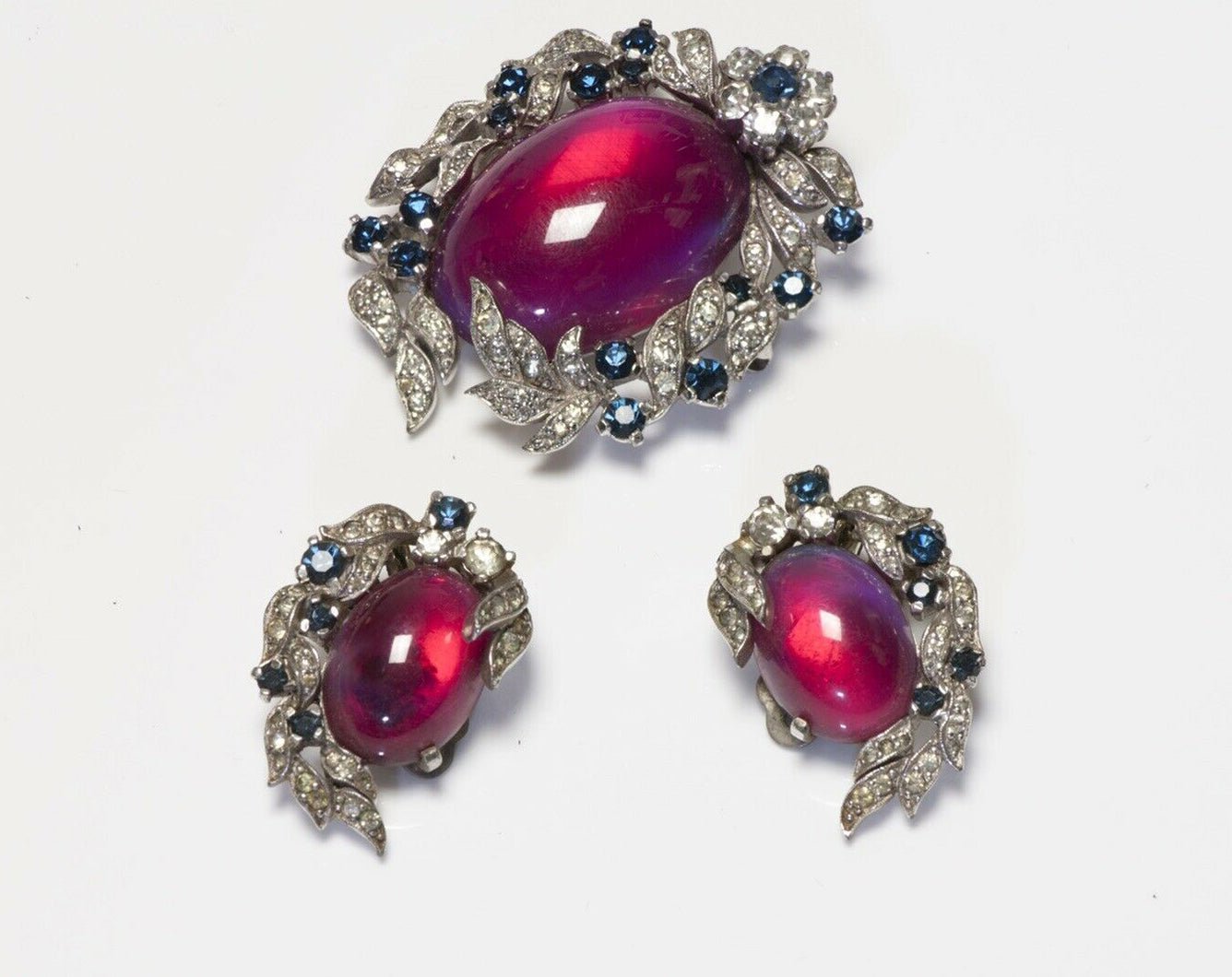 JOMAZ Blue Crystal Pink Cabochon Glass Brooch Earrings Set