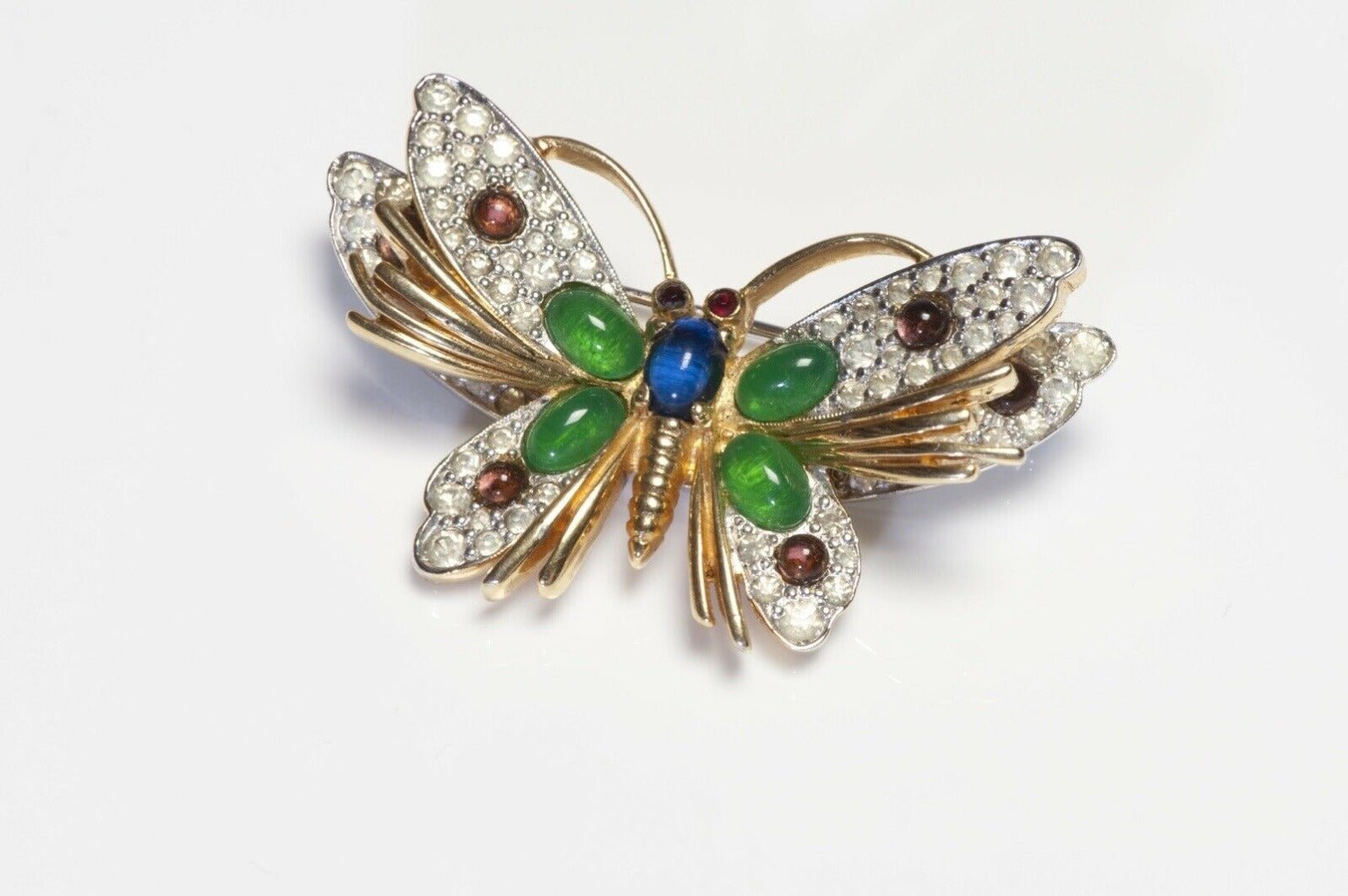 Jomaz Green Red Blue Cabochon Glass Crystal Butterfly Brooch