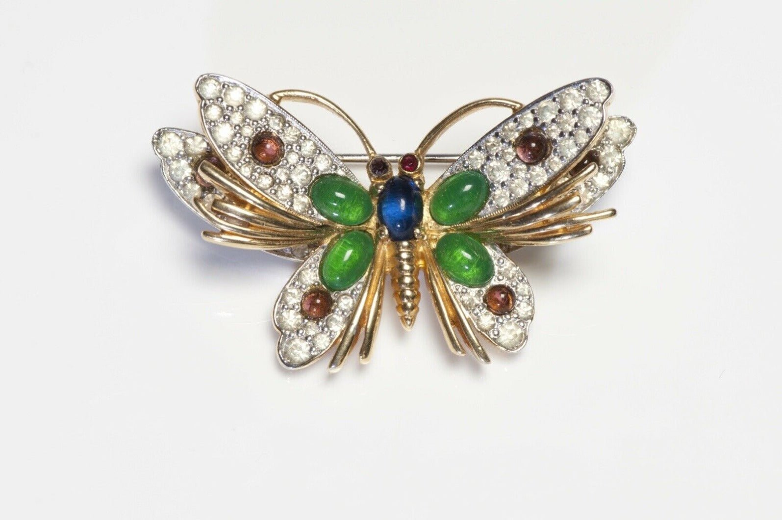 Jomaz Green Red Blue Cabochon Glass Crystal Butterfly Brooch
