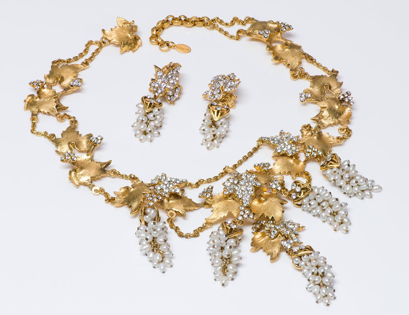 Jose & Maria Barrera Gold Plated Pearl Grape Leaf Necklace Earrings Set