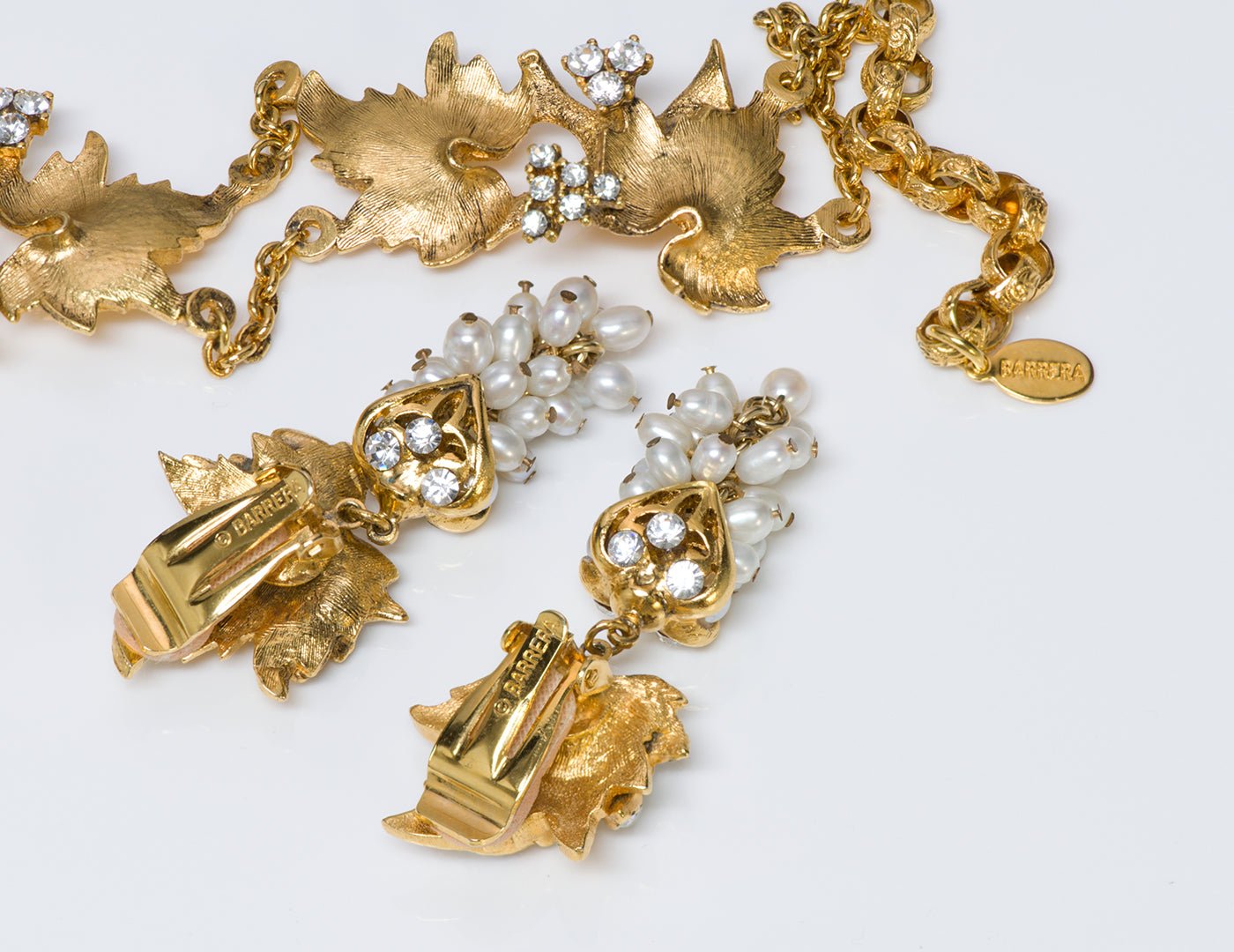 Jose & Maria Barrera Gold Plated Pearl Grape Leaf Necklace Earrings Set