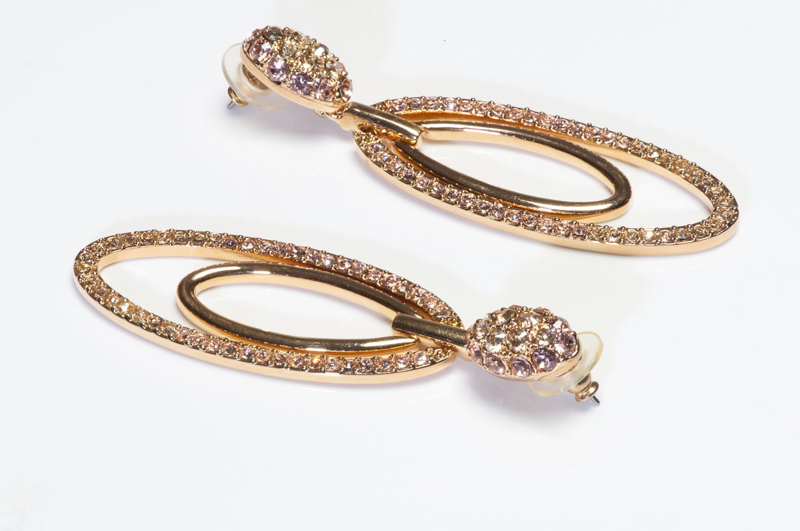 Judith Leiber Long Gold Plated Ombre Brown Pink Crystal Hoop Earrings