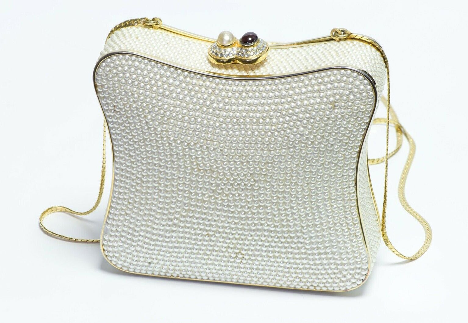 Judith Leiber White Pearls Crystal Women’s Minaudière Clutch Bag