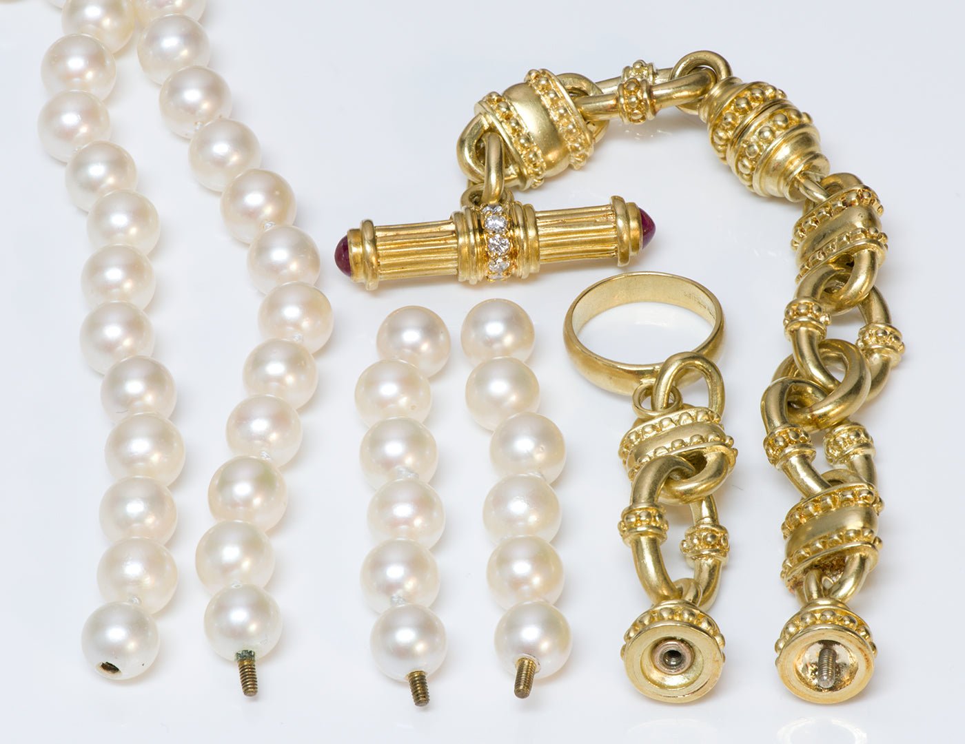 Judith Ripka 18K Gold Ruby Diamond Pearl Necklace Bracelet