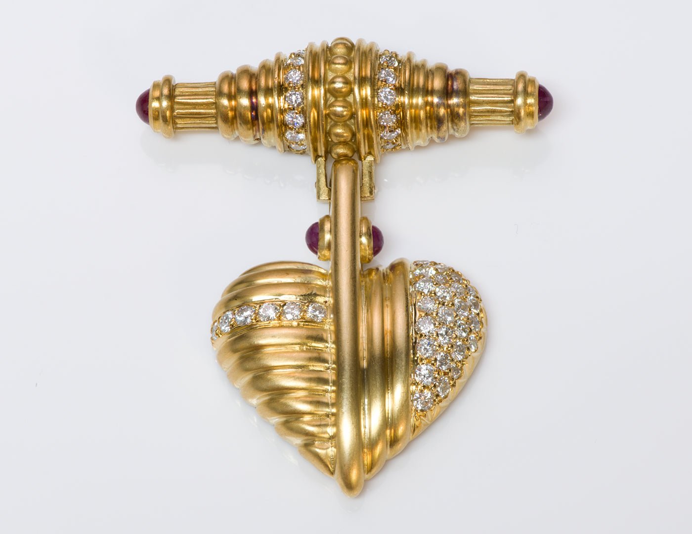 Judith Ripka Diamond Ruby 18K Gold Heart Brooch/Unsigned