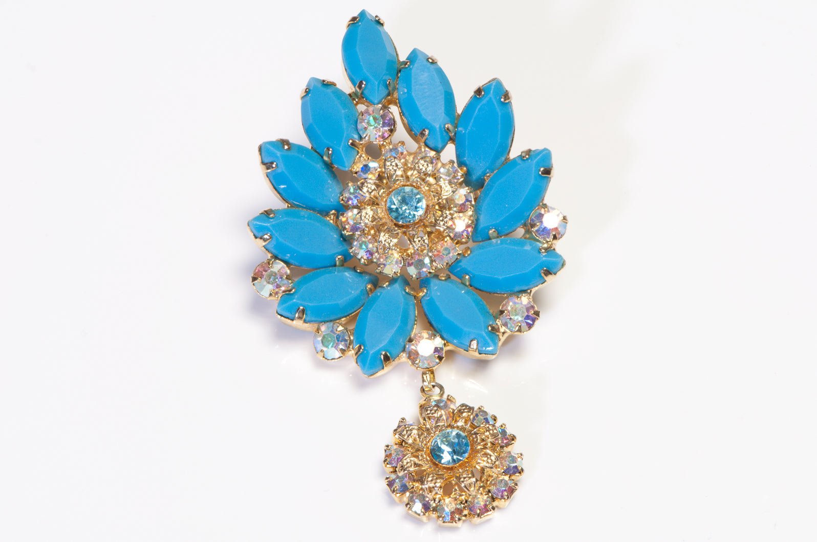Juliana 1960’s Blue Aurora Borealis Crystal Flower Pendant Brooch