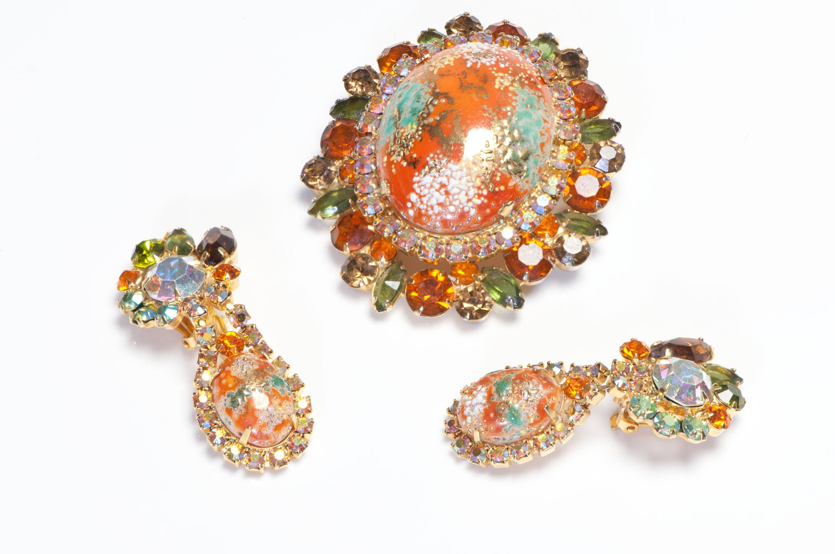 Juliana 1960's Easter Egg Orange Green Crystal Brooch Earrings Set