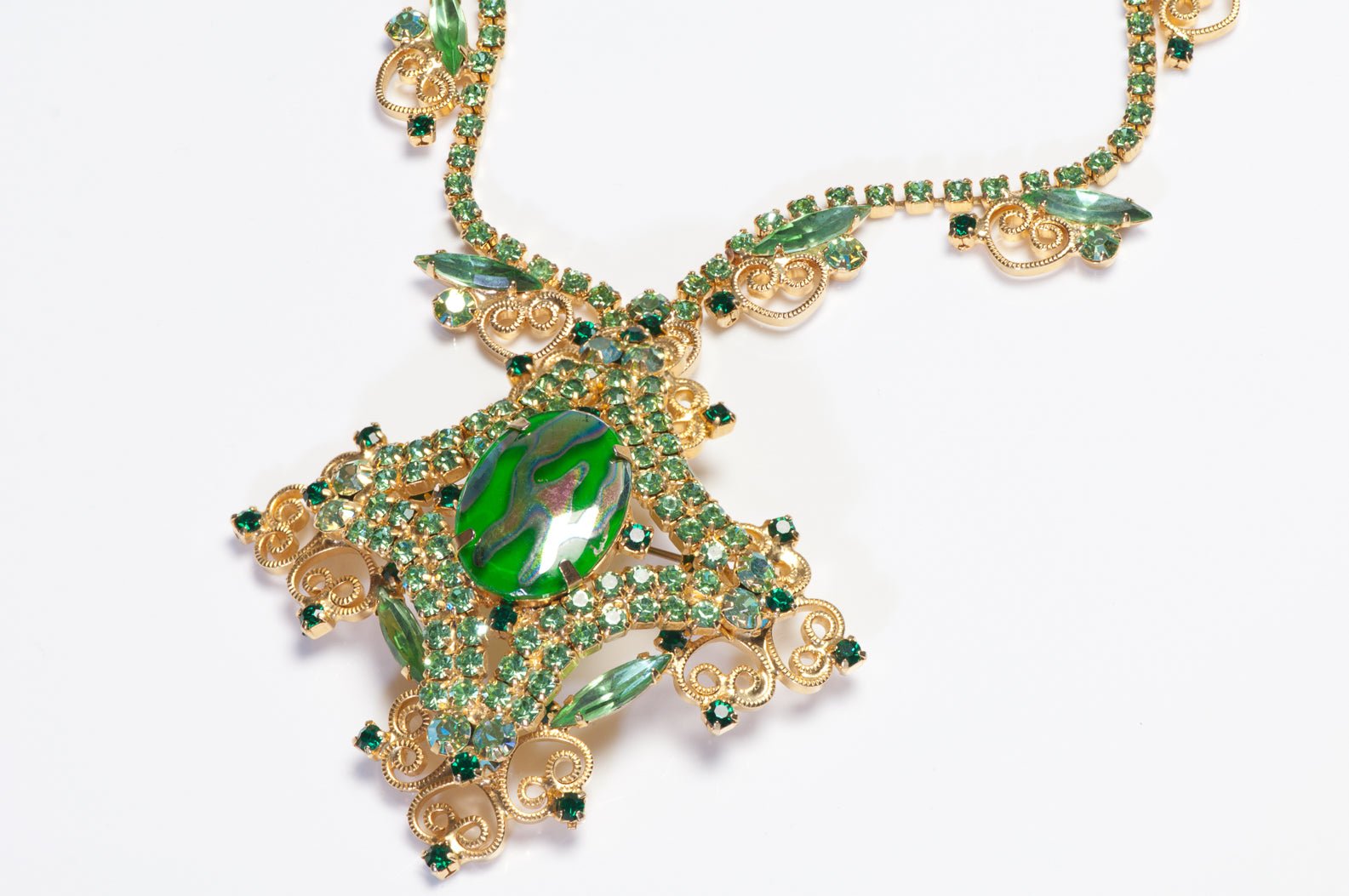 Juliana Delizza & Elster 1960's Green Crystal Convertible Brooch Pendant Necklace