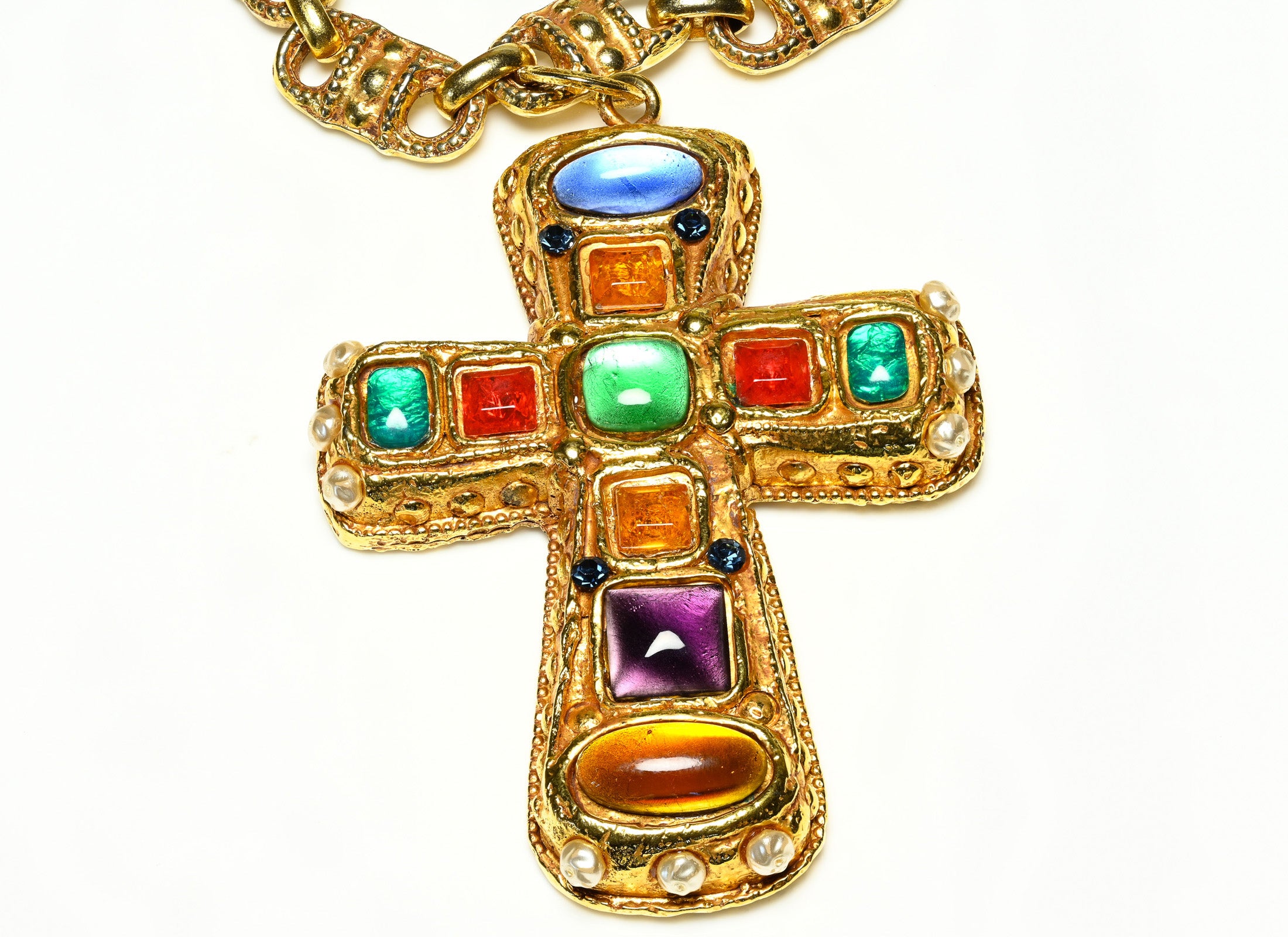 Vintage Kalinger Paris Large Green Red Blue Cabochon Cross Pendant Necklace