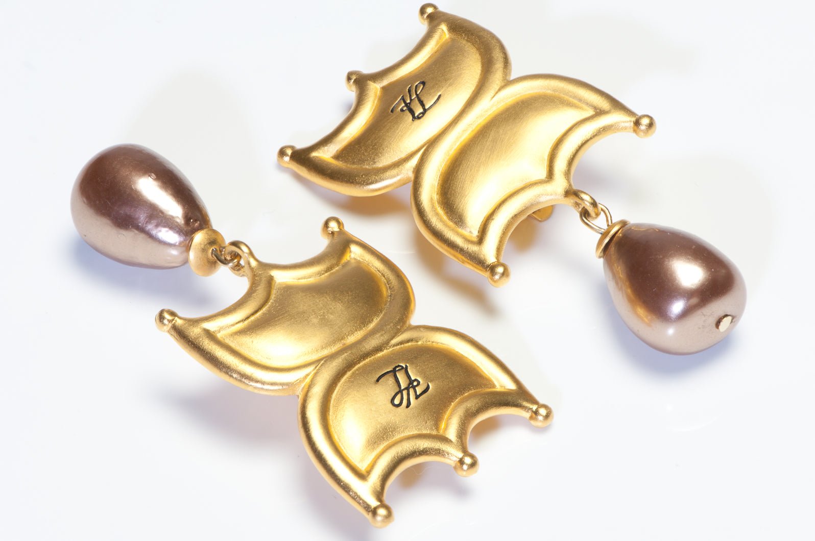 Karl Lagerfeld Paris Long Gold Plated Logo Brown Pearl Earrings