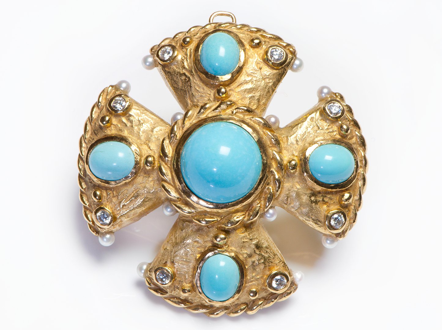 Katy Briscoe 18K Gold Turquoise Diamond Pearl Maltese Cross Pendant Brooch