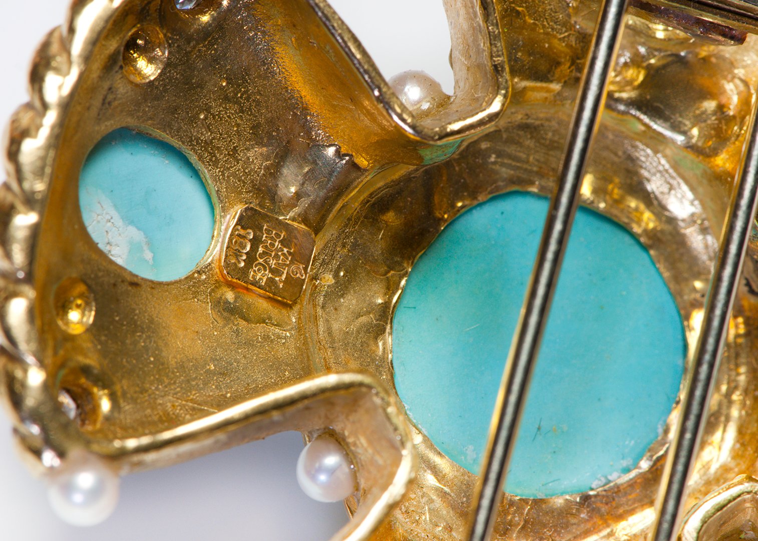 Katy Briscoe 18K Gold Turquoise Diamond Pearl Maltese Cross Pendant Brooch