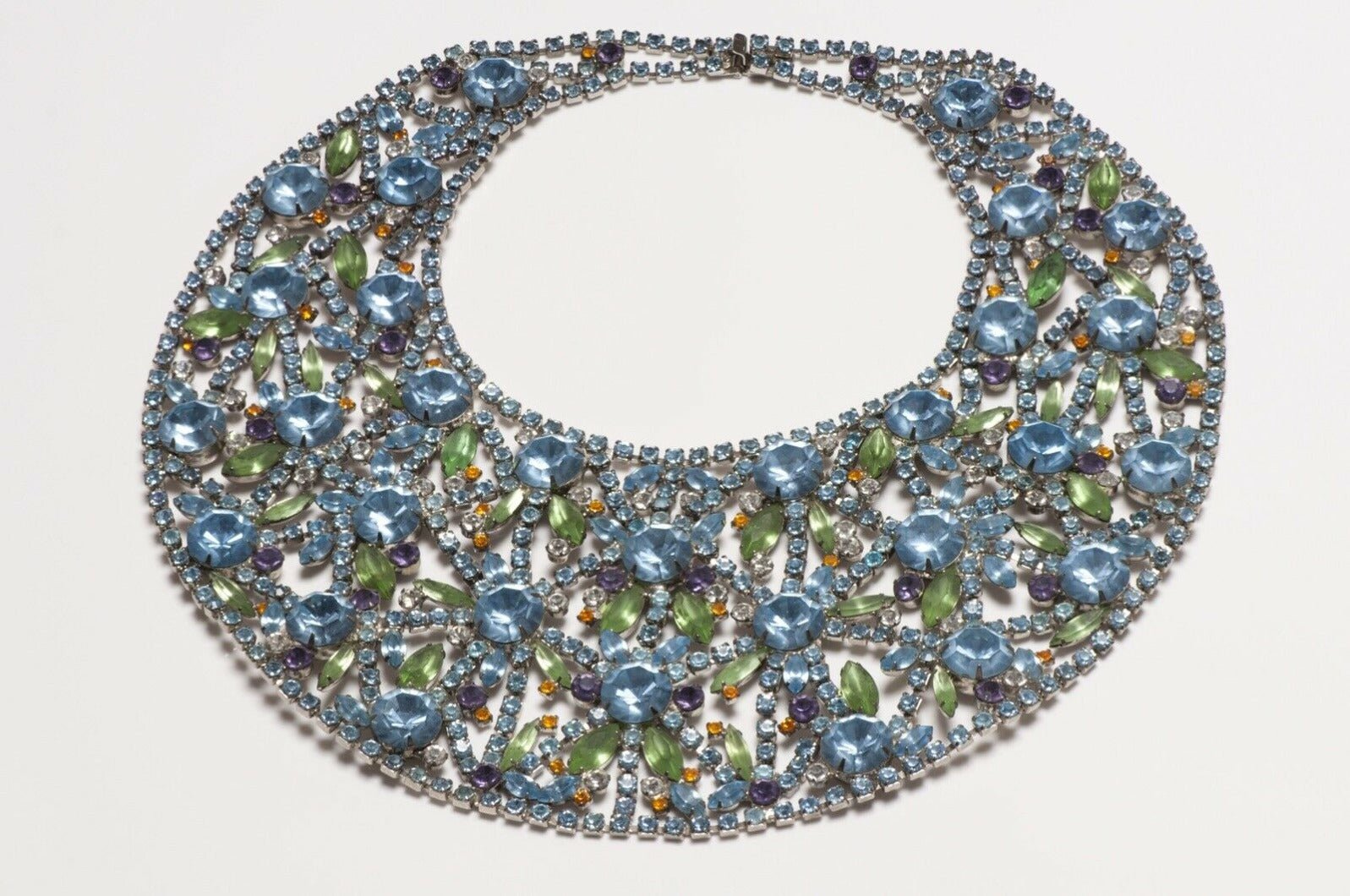 Kenneth Jay Lane 1960’s Blue Green Crystal Flower Bib Necklace