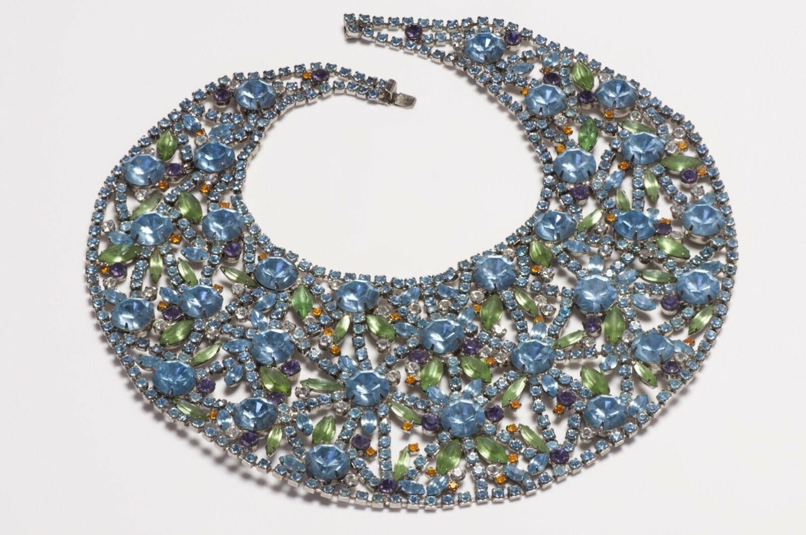 Kenneth Jay Lane 1960’s Blue Green Crystal Flower Bib Necklace