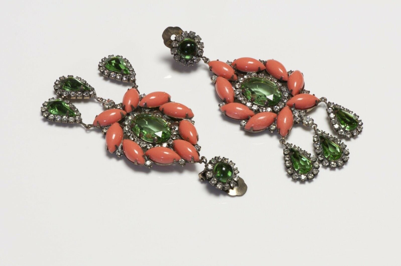 Kenneth Jay Lane 1960’s Green Glass Crystal Orange Resin Earrings