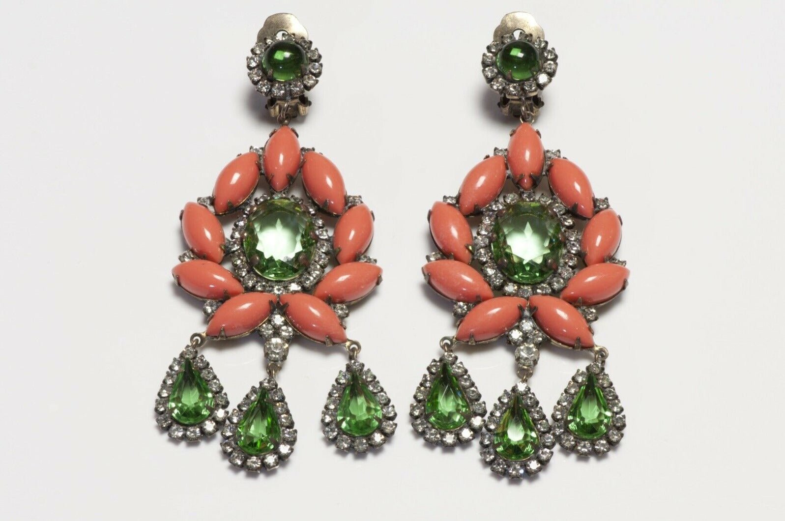 Kenneth Jay Lane 1960’s Green Glass Crystal Orange Resin Earrings