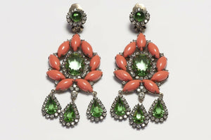 Kenneth Jay Lane 1960’s Green Glass Crystal Orange Resin Earrings