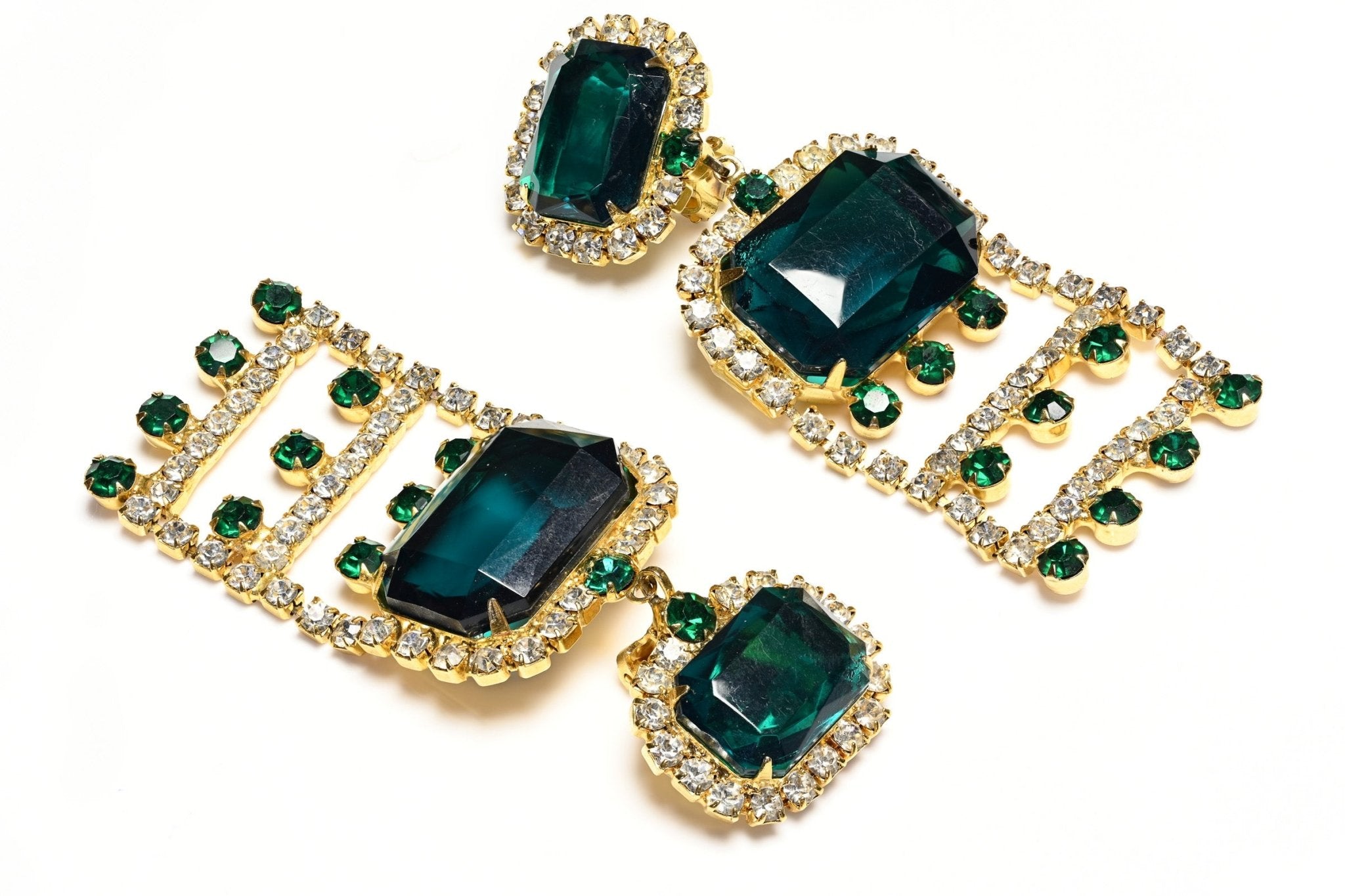 Kenneth Jay Lane 1960's Long Gold Plated Green Crystal Tassel Earrings