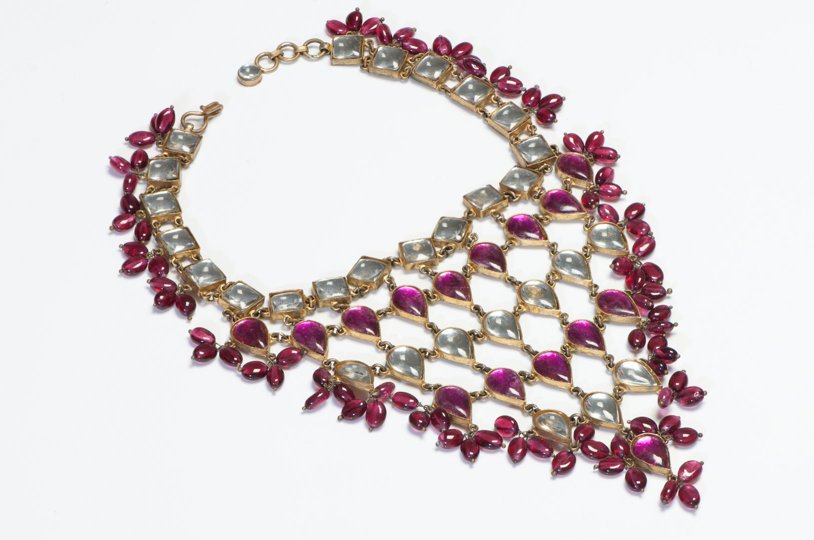 Kenneth Jay Lane 1960’s Mughal Style Pink Cabochon Glass Choker Bib Necklace