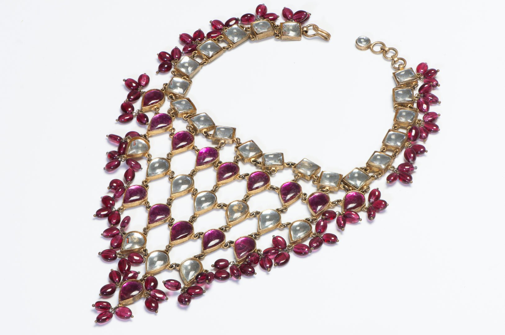 Kenneth Jay Lane 1960’s Mughal Style Pink Cabochon Glass Choker Bib Necklace