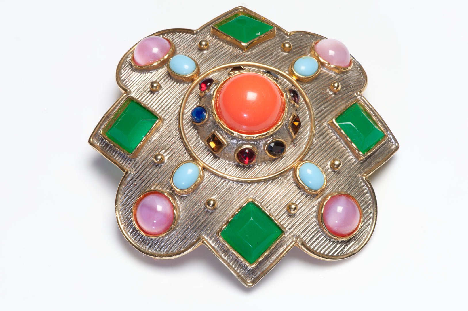 Kenneth Jay Lane 1960’s Mughal Style Pink Green Blue Glass Large Pendant Brooch