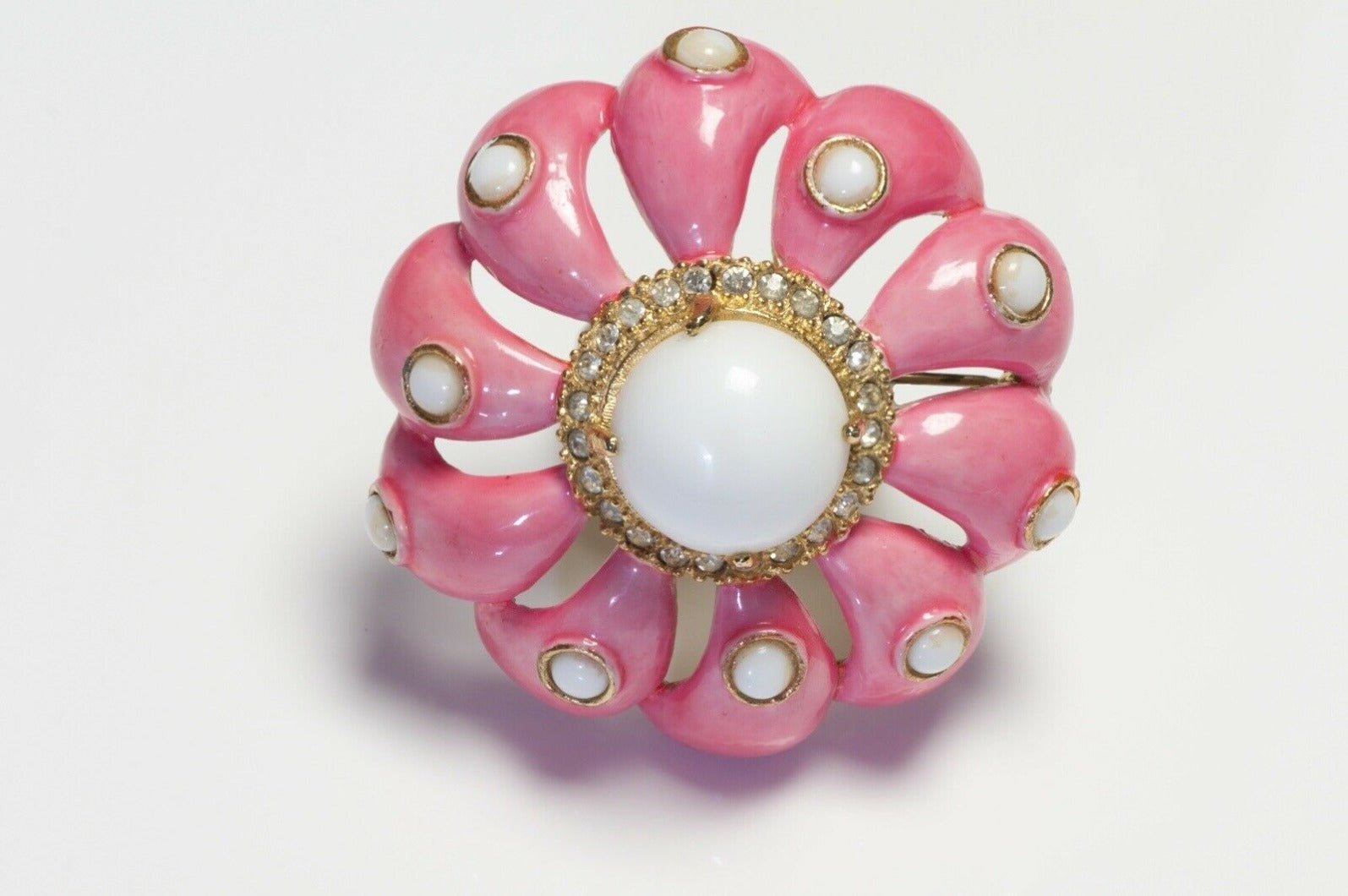 Kenneth Jay Lane 1960’s White Cabochon Pink Enamel Crystal Flower Brooch