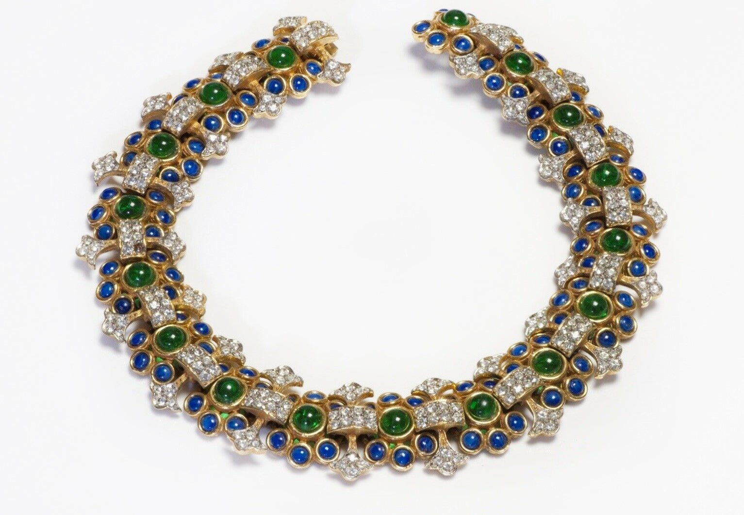 Kenneth Jay Lane 1980’s Blue Green Cabochon Glass Crystal Collar Necklace