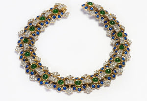 Kenneth Jay Lane 1980’s Blue Green Cabochon Glass Crystal Collar Necklace