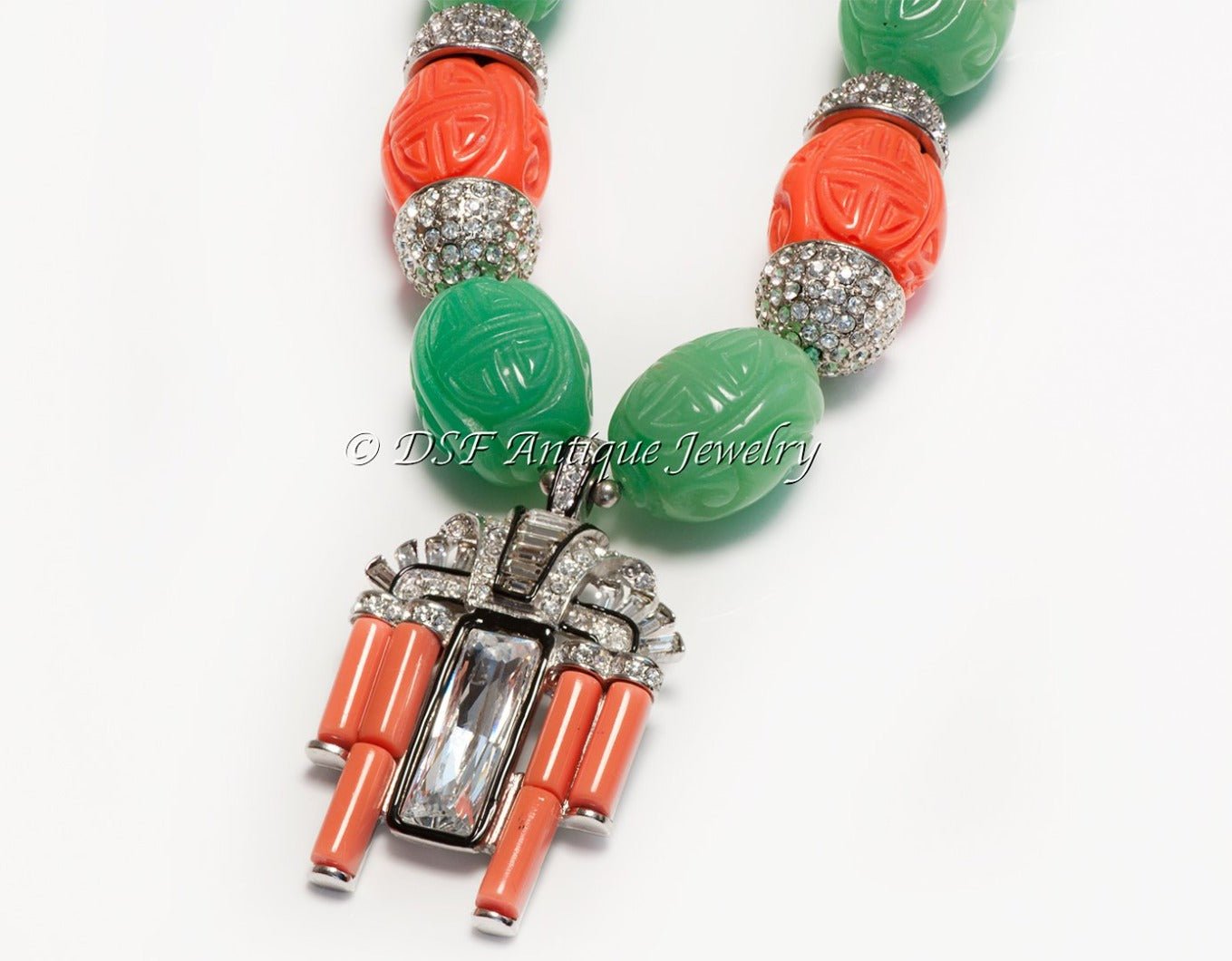 Kenneth Jay Lane Art Deco Style Faux Jade Coral Carved Beads Necklace