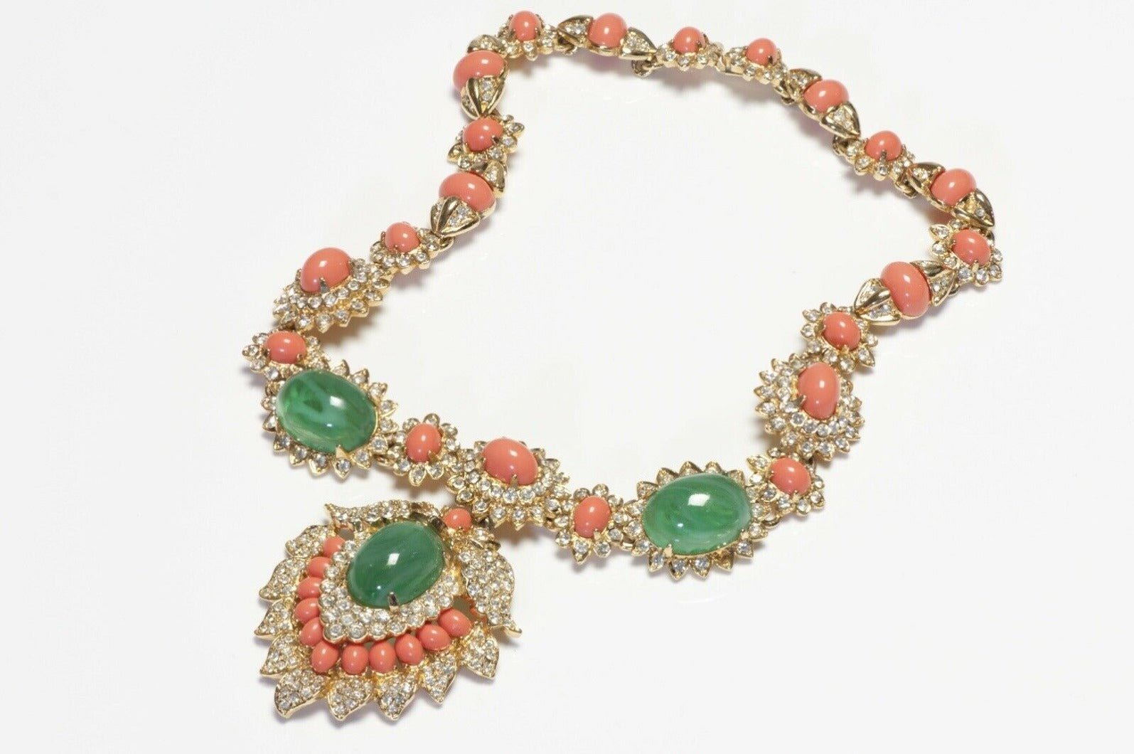 Kenneth Jay Lane Green Cabochon Glass Mughal Style Necklace