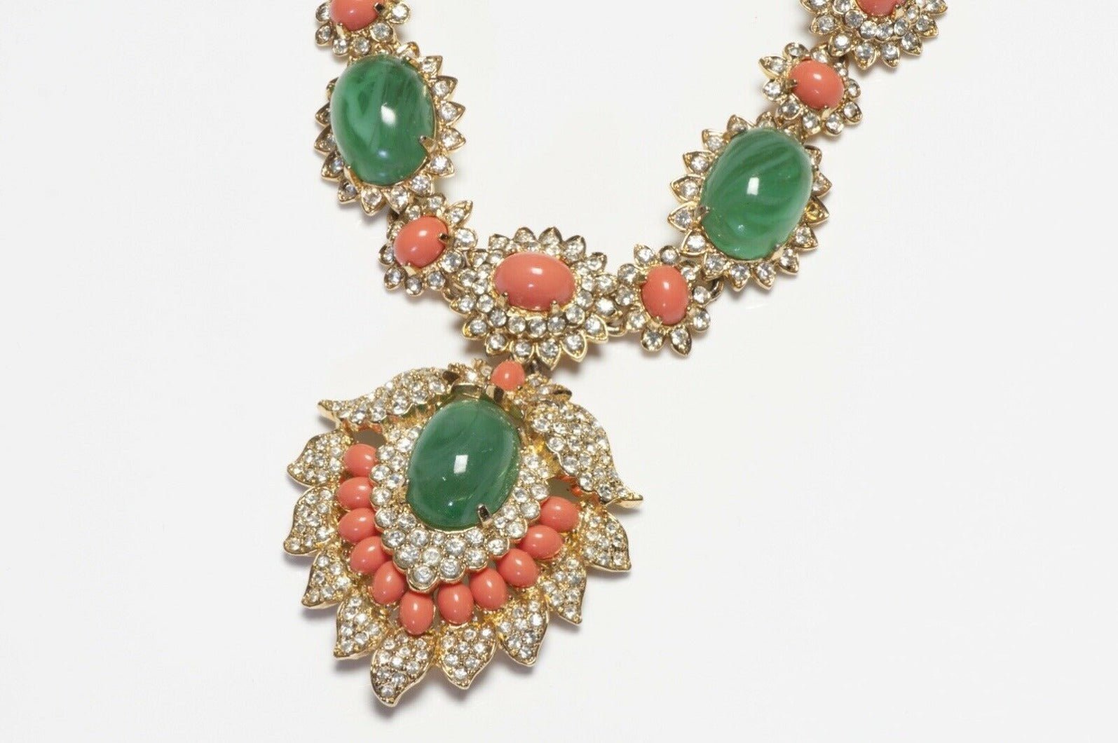 Kenneth Jay Lane Green Cabochon Glass Mughal Style Necklace