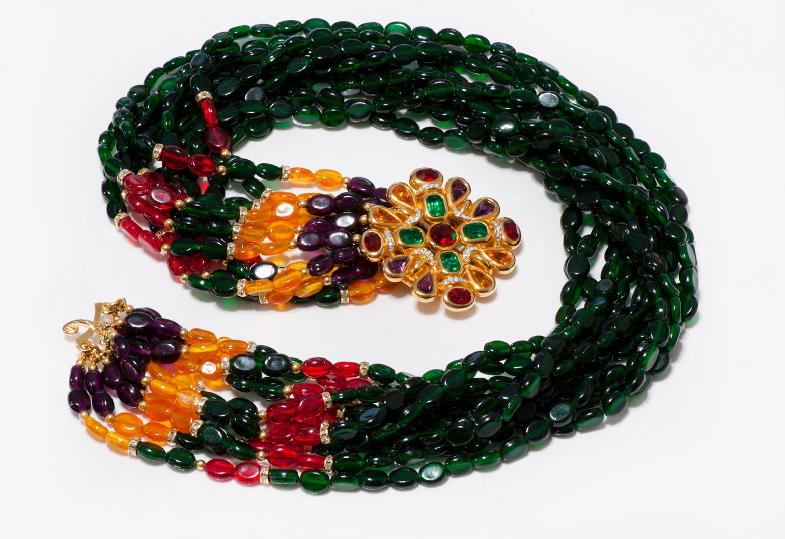 Kenneth Jay Lane Green Orange Red Glass Beads Crystal Multi Strand Necklace