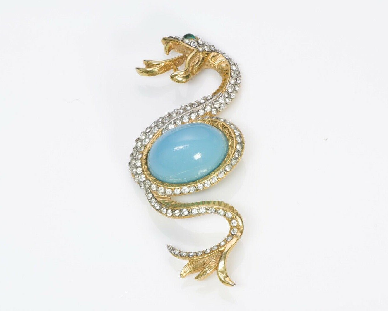Kenneth Jay Lane KJL 1960’s Gold Plated Faux Turquoise Crystal Snake Brooch