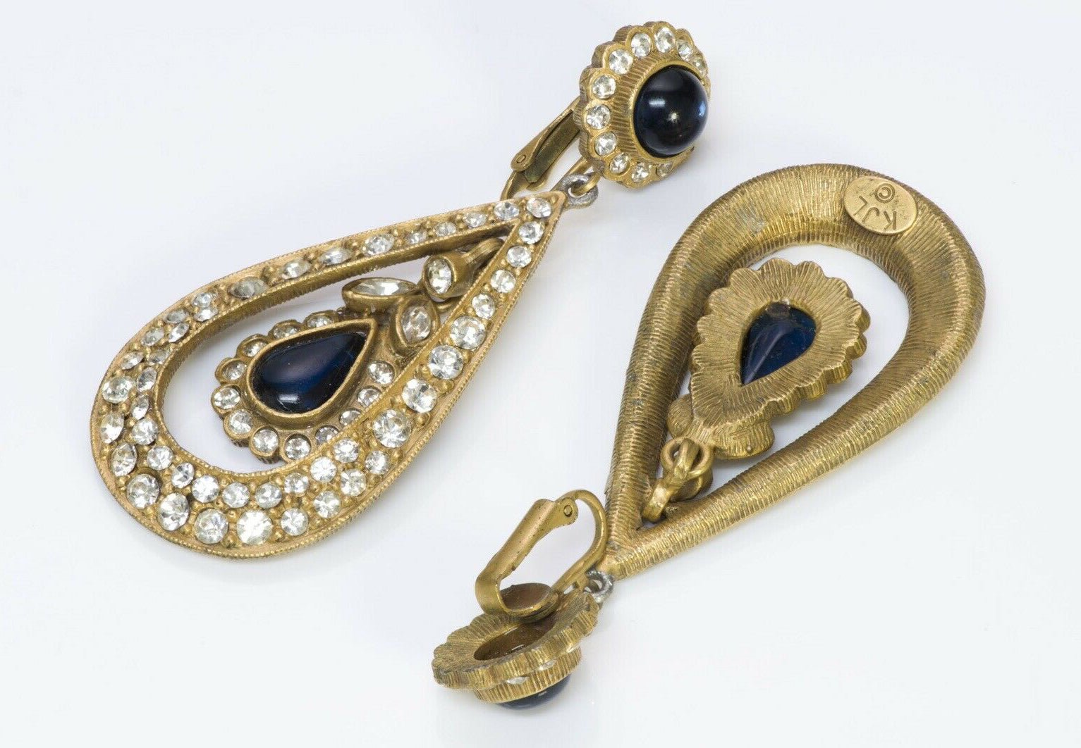 Kenneth Jay Lane KJL 1960’s Long Crystal Blue Cabochon Glass Earrings