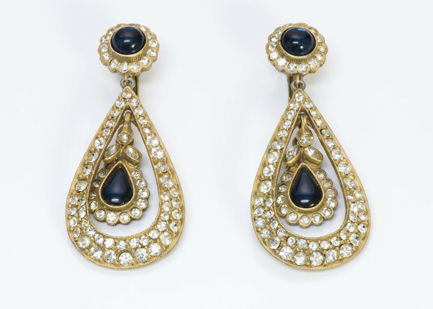 Kenneth Jay Lane KJL 1960’s Long Crystal Blue Cabochon Glass Earrings
