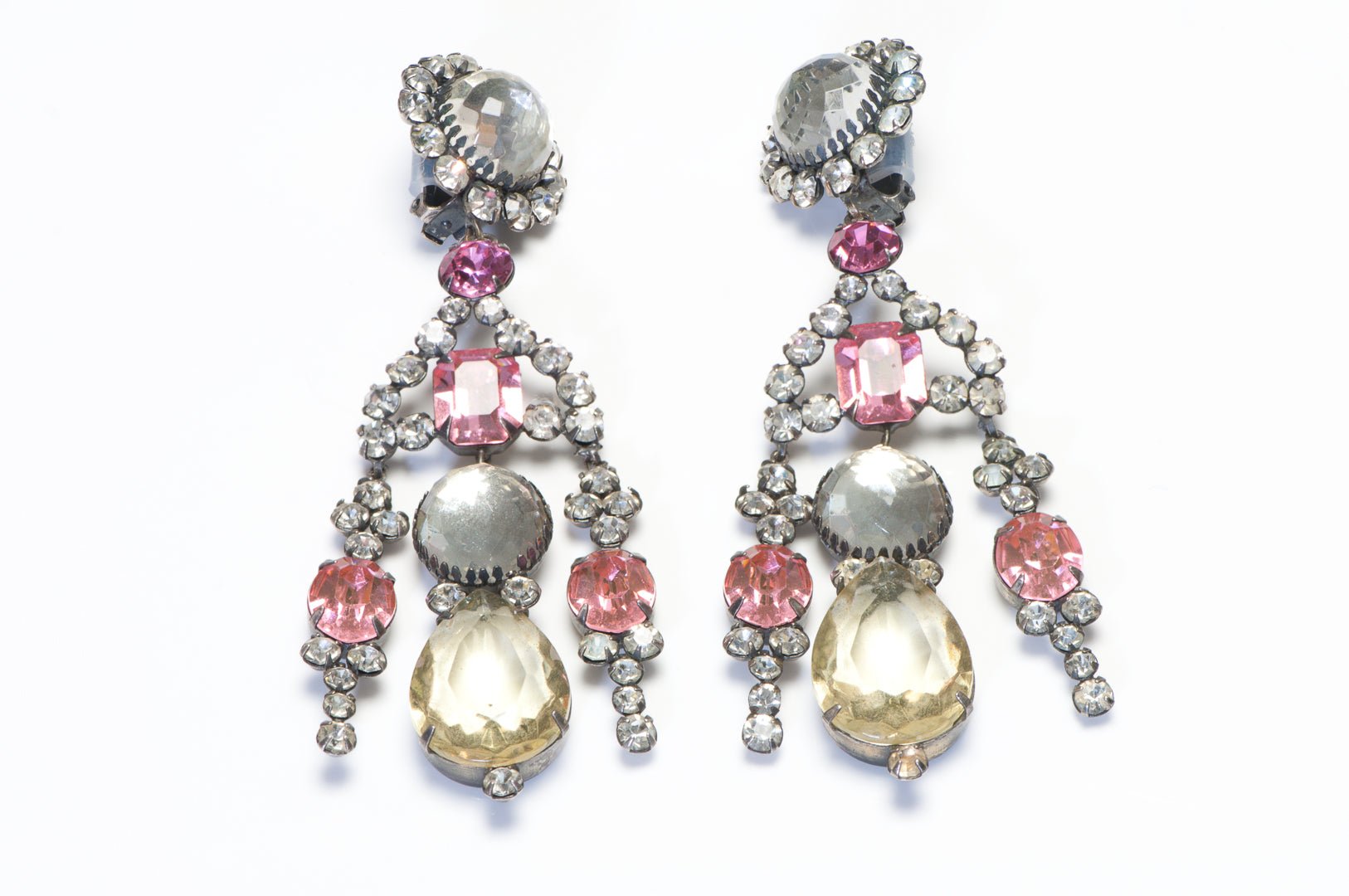 Kenneth Jay Lane KJL 1960’s Long Pink Yellow Crystal Chandelier Earrings