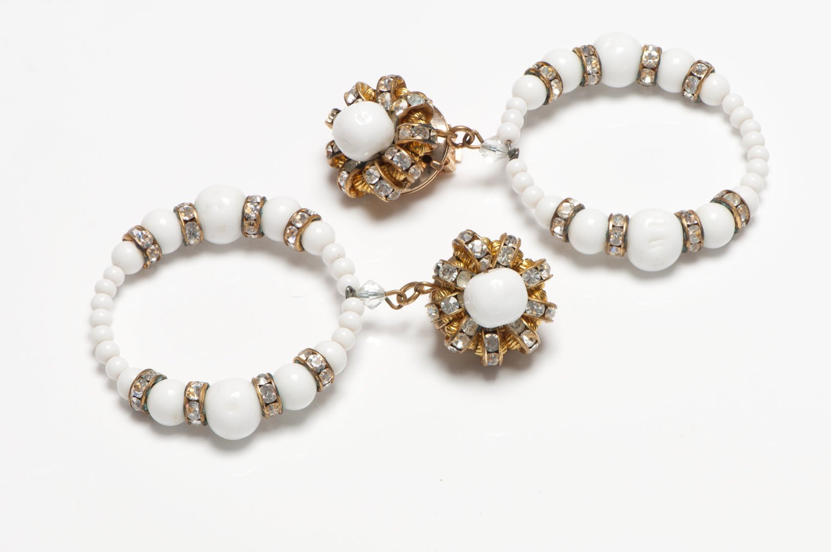 Kenneth Jay Lane KJL 1960’s Long White Glass Beads Crystal Hoop Earrings