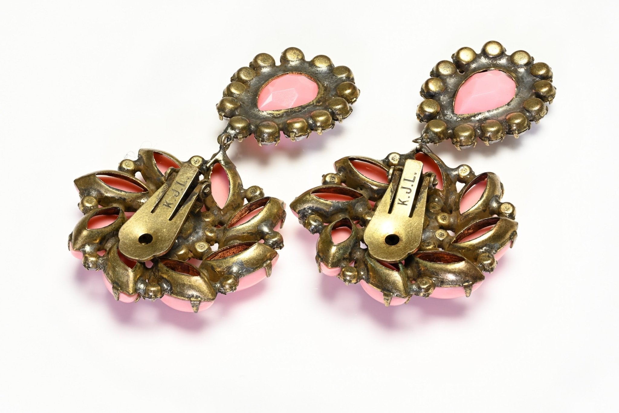 Kenneth Jay Lane KJL 1960’s Pink Crystal Drop Flower Earrings