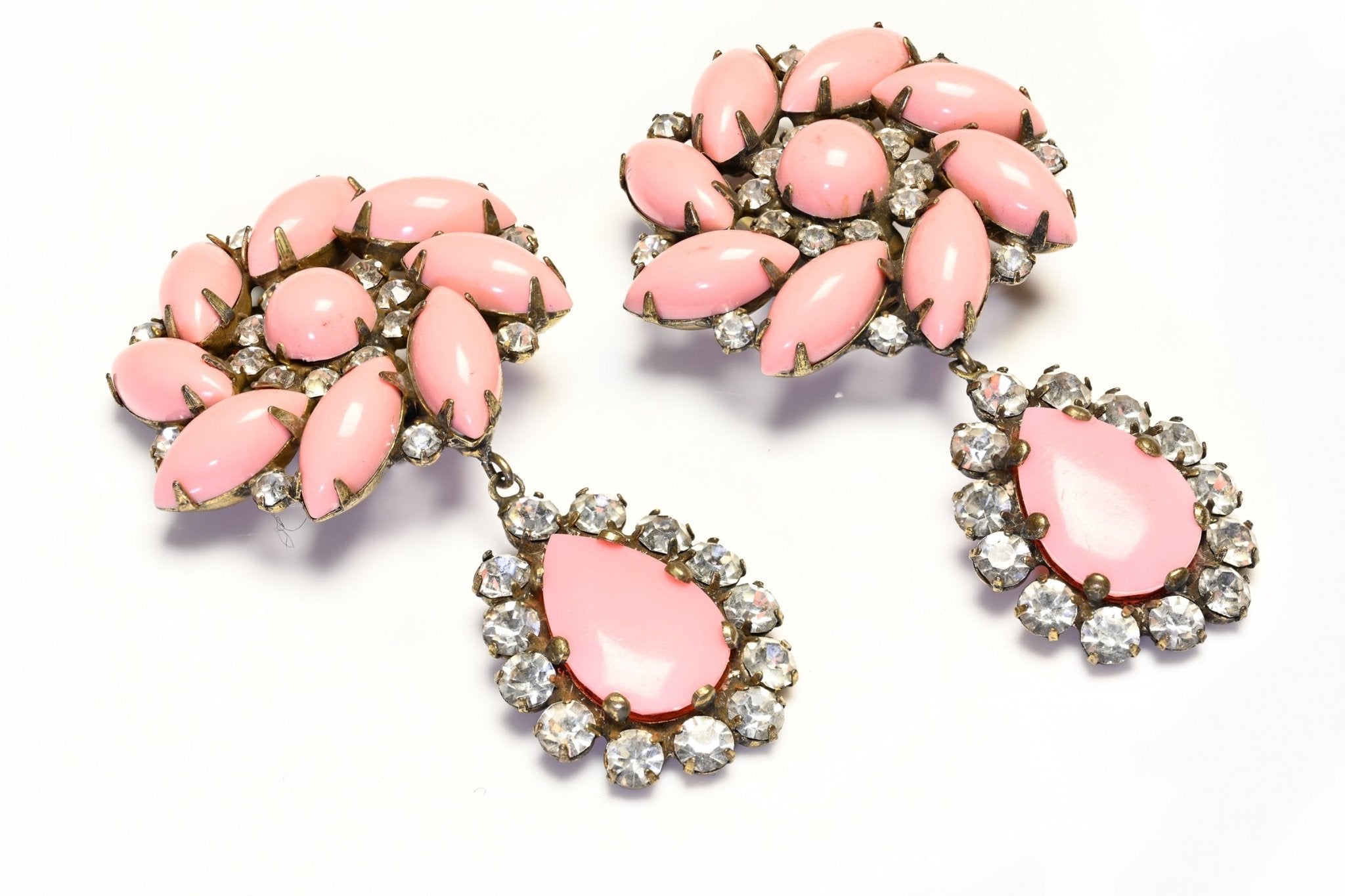 Kenneth Jay Lane KJL 1960’s Pink Crystal Drop Flower Earrings