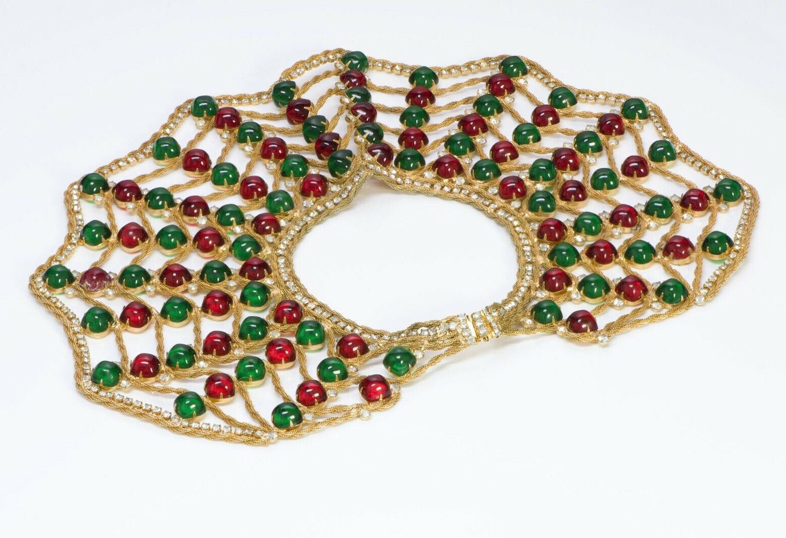 Kenneth Jay Lane KJL 1960’s Spider Web Green Red Cabochon Glass Collar Necklace
