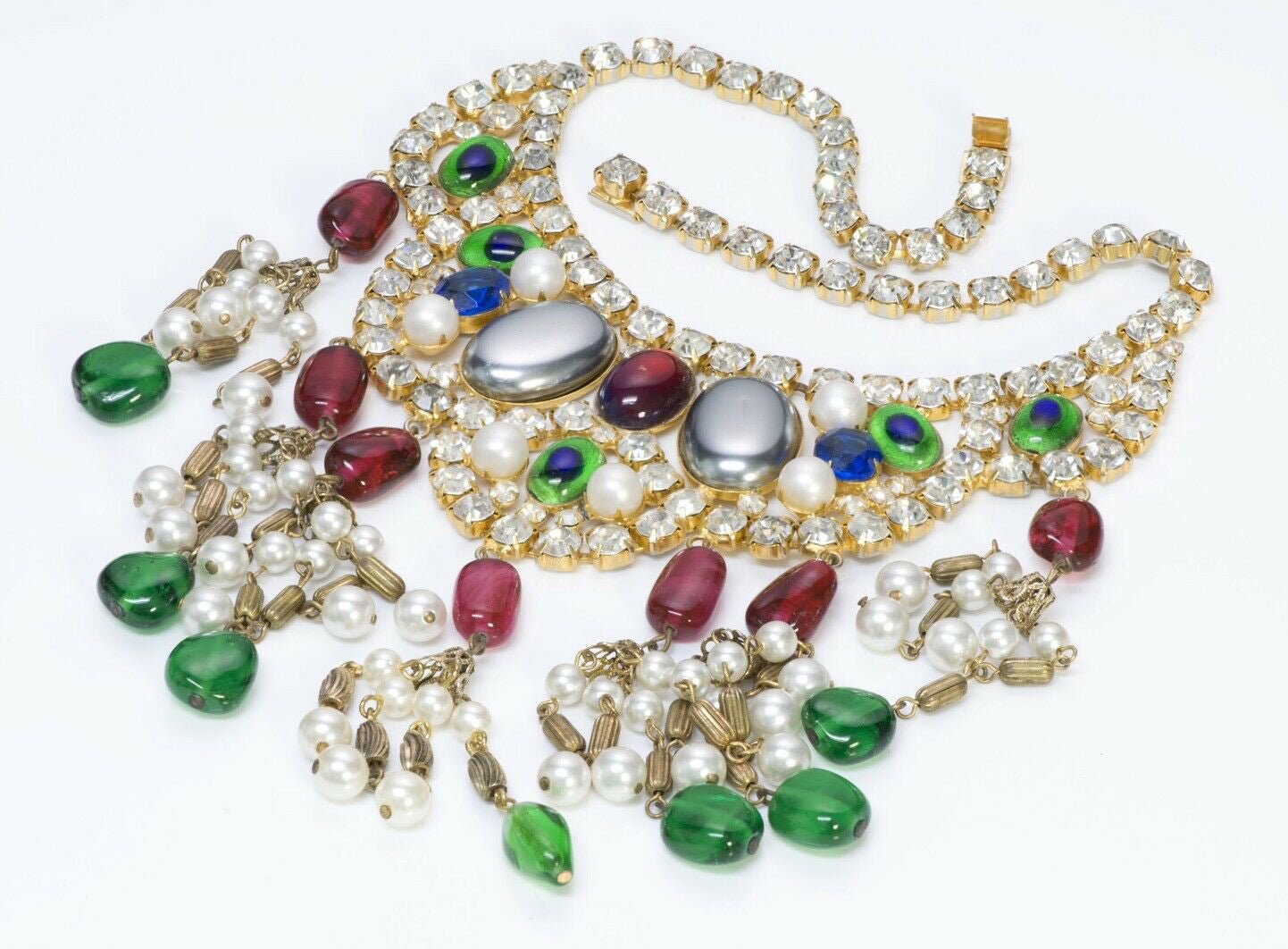 Kenneth Jay Lane KJL 1990’s Green Red Glass Crystal Tassel Necklace