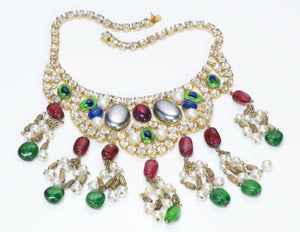 Kenneth Jay Lane KJL 1990’s Green Red Glass Crystal Tassel Necklace