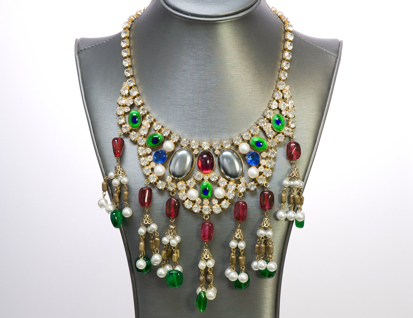 Kenneth Jay Lane KJL 1990’s Green Red Glass Crystal Tassel Necklace
