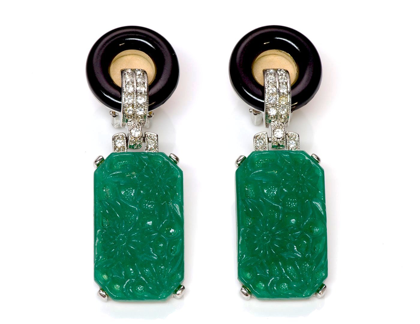 Kenneth Jay Lane KJL Carved Faux Jade Art Deco Style Earrings