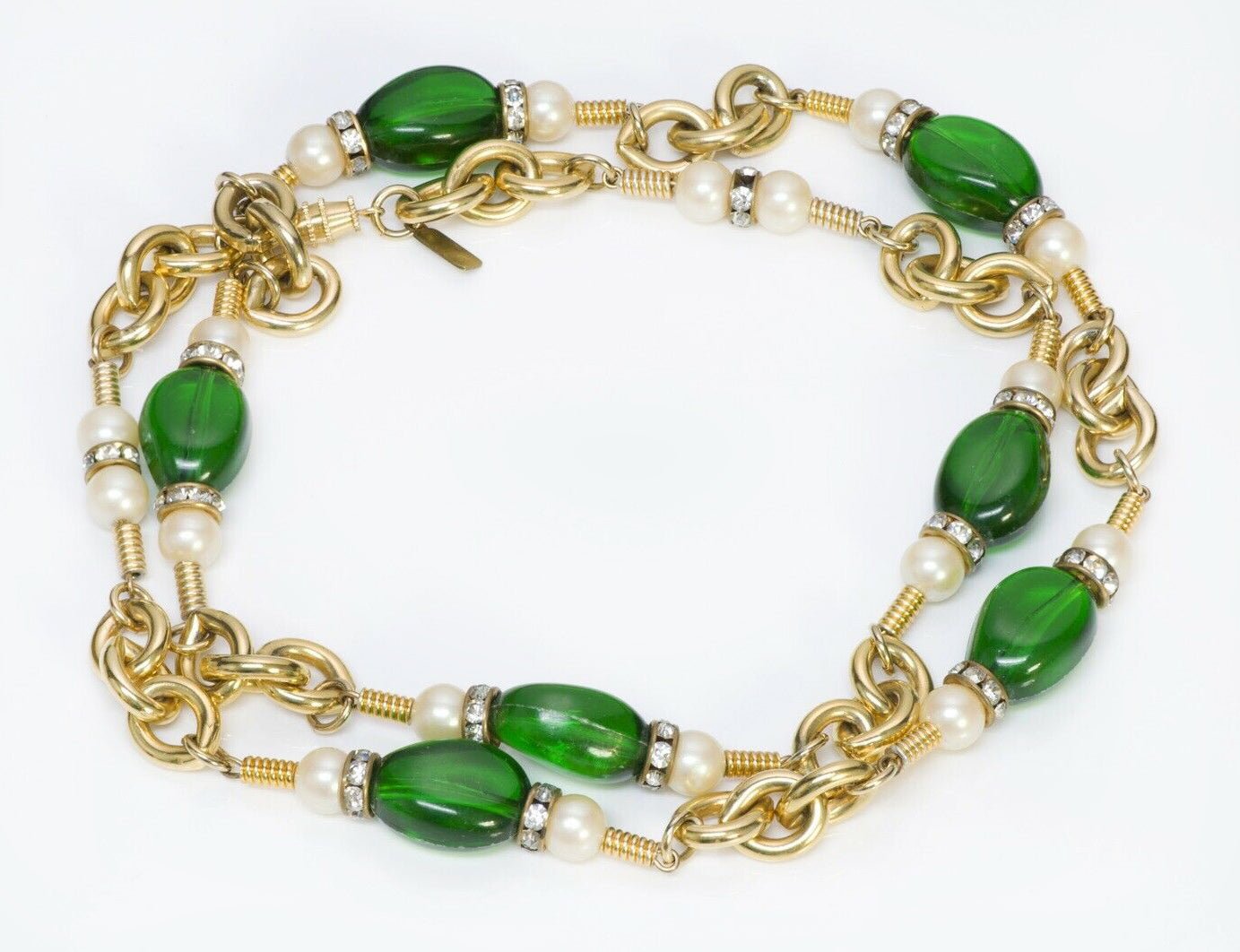 Kenneth Jay Lane KJL Green Beads Pearl Chain Necklace