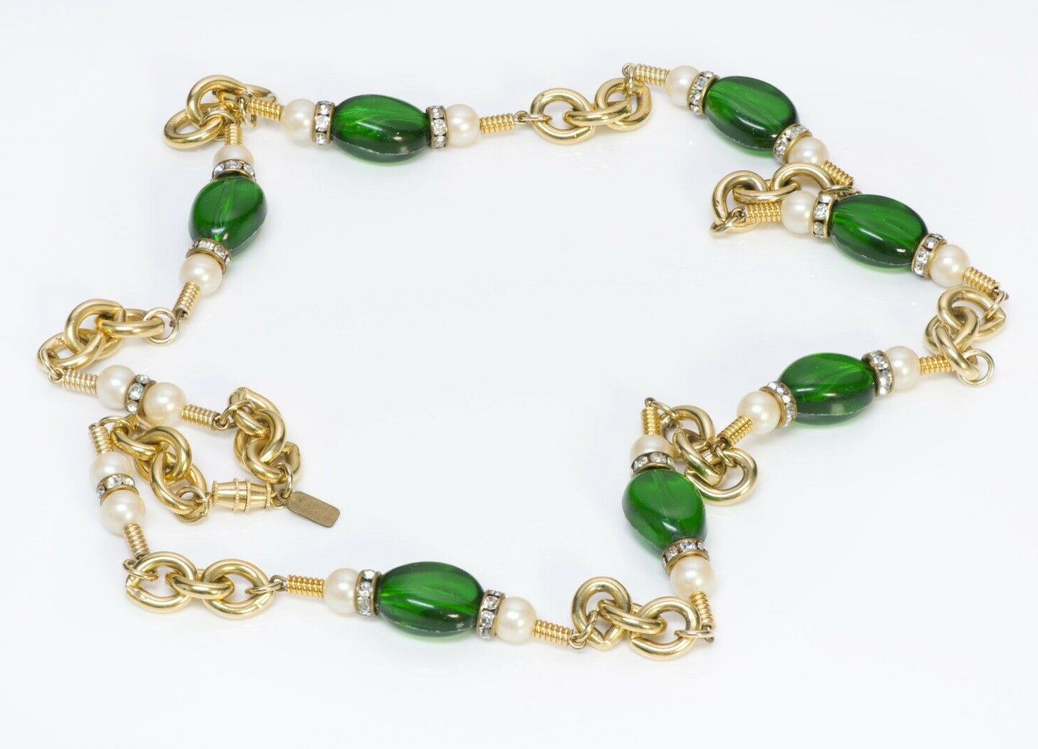 Kenneth Jay Lane KJL Green Beads Pearl Chain Necklace