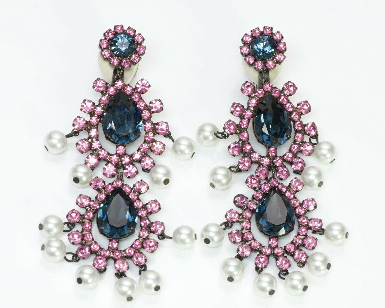 Kenneth Jay Lane KJL Pink Blue Crystal Pearl Mughal Style Earrings