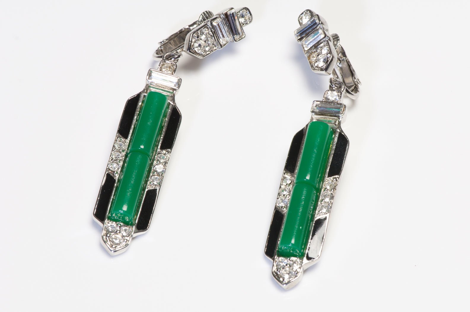 Kenneth Jay Lane Long Art Deco Style Green Resin Black Enamel Earrings