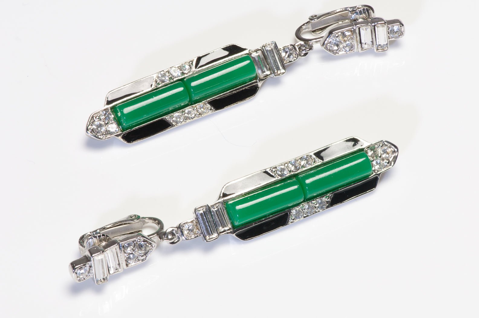 Kenneth Jay Lane Long Art Deco Style Green Resin Black Enamel Earrings